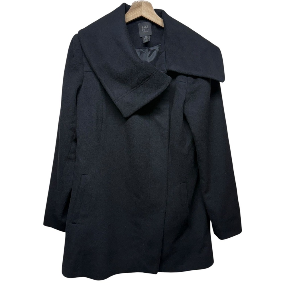 Saks Fifth Avenue Wool Overcoat Women Sz 10 Black Preppy Academia Old Money